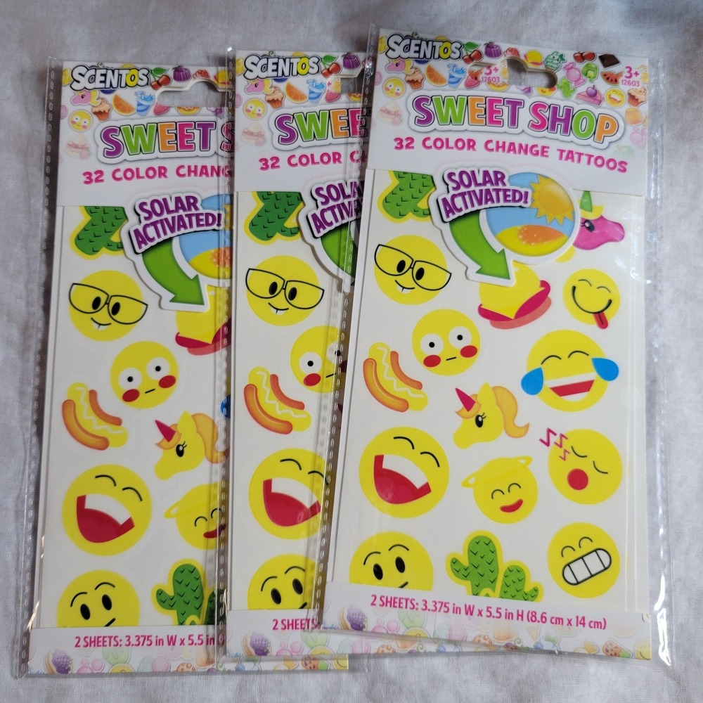 Scentos Sweet Shop 32 Color Change Tattoos Solar Activated Emoji Lot of 3 12603